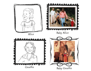 Illustrative drawings of the founders of Dotty Dungarees